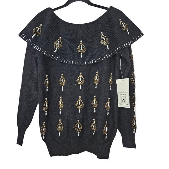 Deadstock Vintage 90s Studio Collection S Black Wool Angora Beaded Sweater Glam - Picture 1 of 5